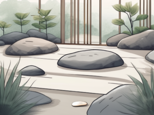 A serene zen garden with stepping stones leading to a neatly organized desk