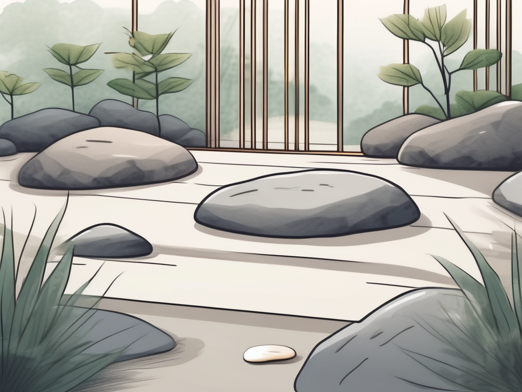A serene zen garden with stepping stones leading to a neatly organized desk