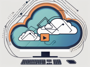 A cloud computing symbol connected to a video conference icon