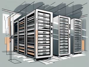 A server rack with various documents flowing in and out