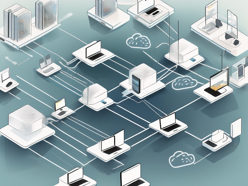 A digital workplace represented by an array of interconnected devices and servers