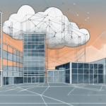 A modern office building with digital elements like cloud