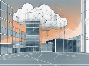 A modern office building with digital elements like cloud