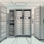 A server rack in a secure room with various documents flowing into it