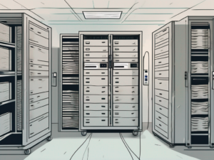 A server rack in a secure room with various documents flowing into it