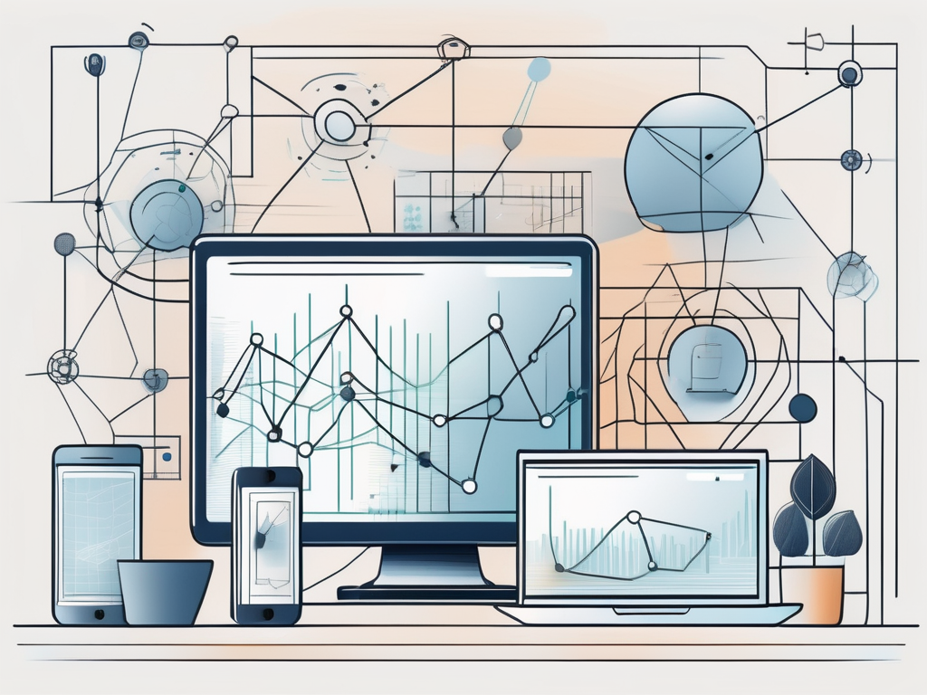 A digital workspace with various technological tools like laptops