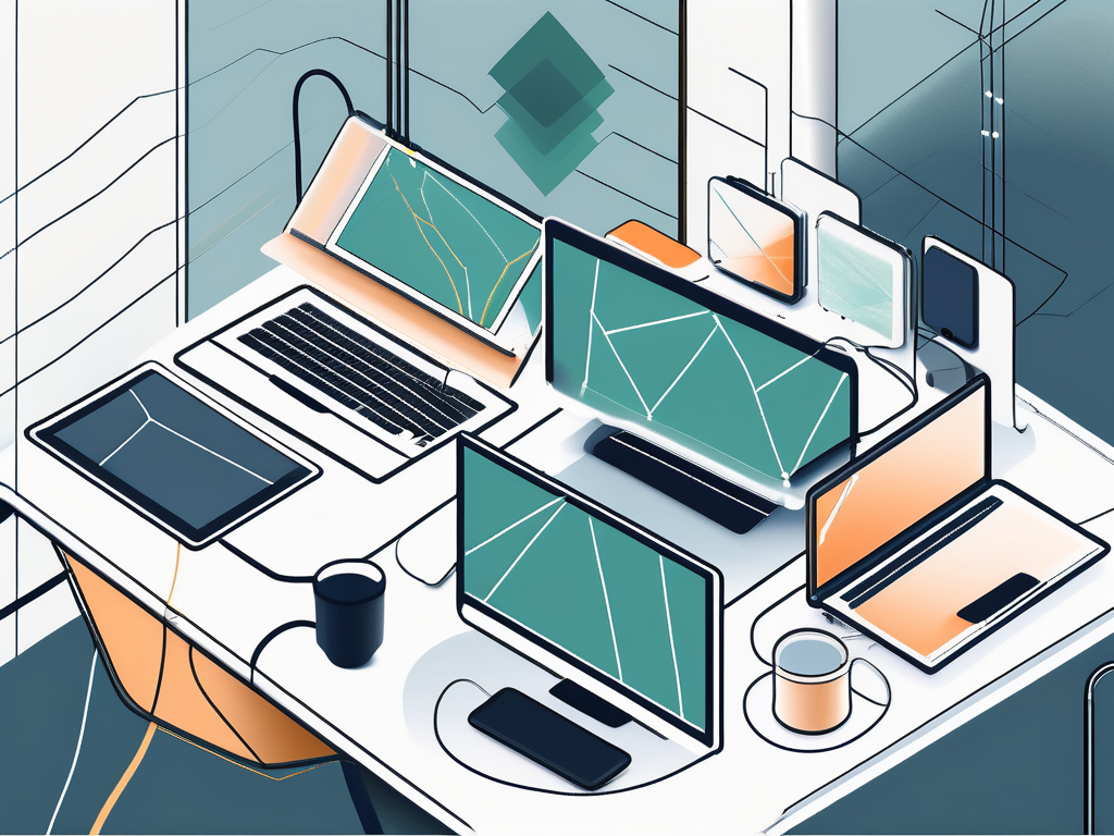 A digital workspace with various technological devices like laptops