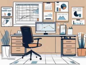 A workspace with a computer displaying graphs and charts