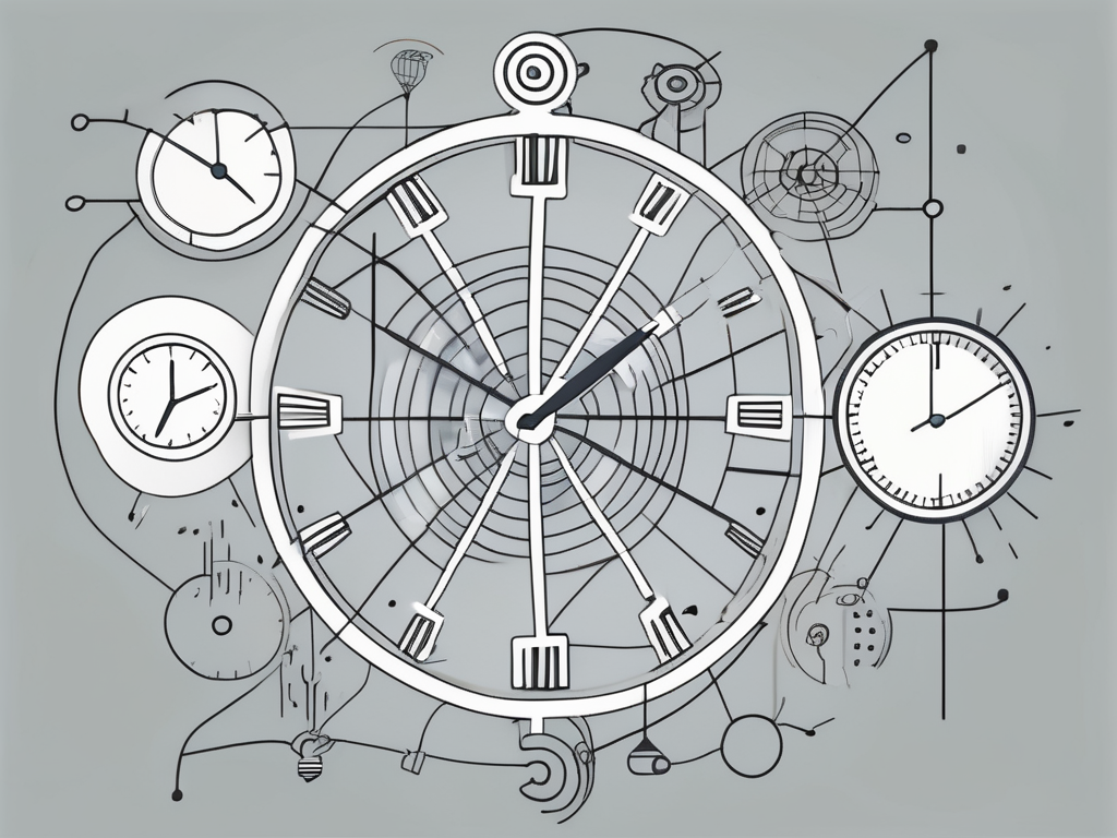 A digital network connecting various abstract symbols representing different aspects of a project (like a clock for time management