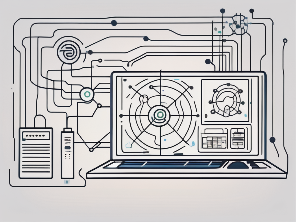 A computer connected to a network of lines and symbols representing different tools and resources